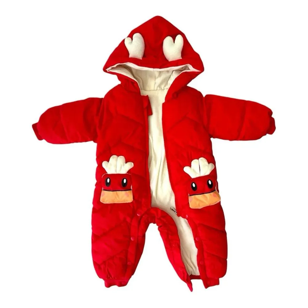 NWOT Baby Reindeer Hooded Winter Snowsuit Jumpsuit Red 12-18M